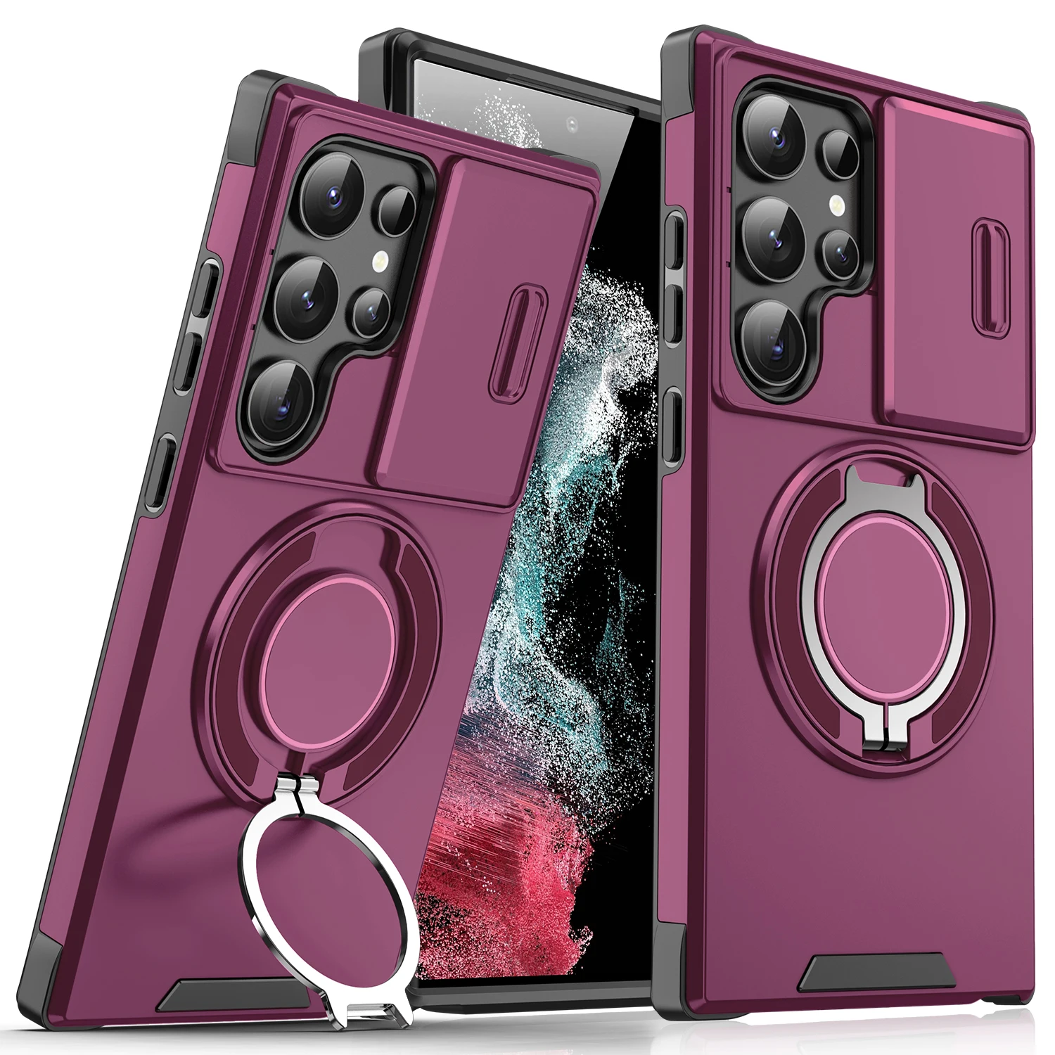 Universal Armor Case with Slide Lens Protector and Magnetic Ring Holder