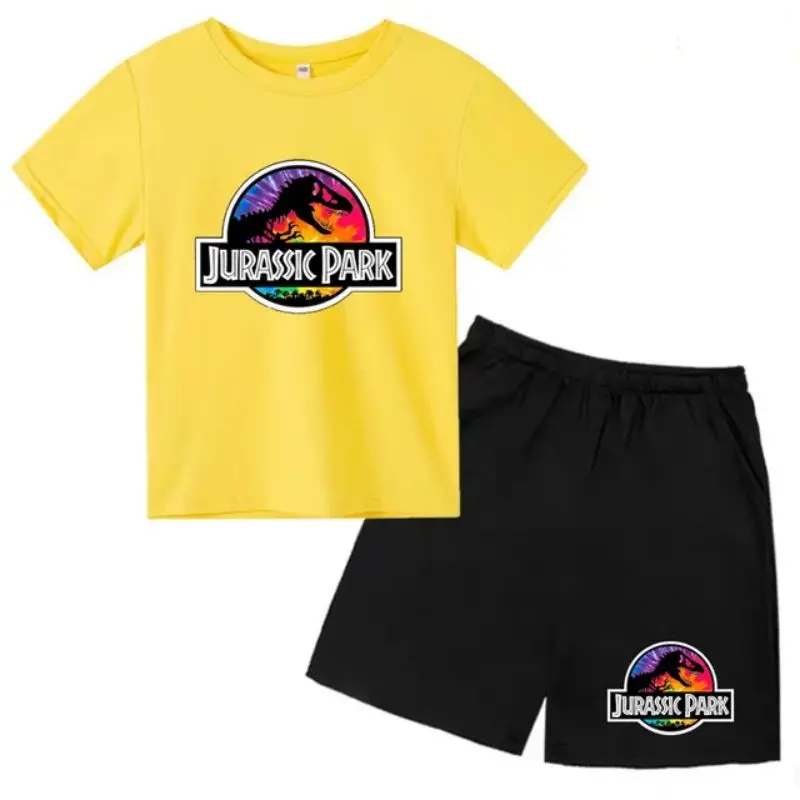 thumbnail image 1 of Conjunto de 2 piezas de camiseta y pantalones cortos con estampado de dinosaurio de Jurassic Park para niños y niñas, con estampado de dibujos animados de verano, 1 of 5