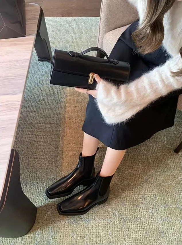 Autumn/Winter New British Style Square Headed Slim, Heels, Thick Sole, Genuine Leather Short Boots for_voghion.com