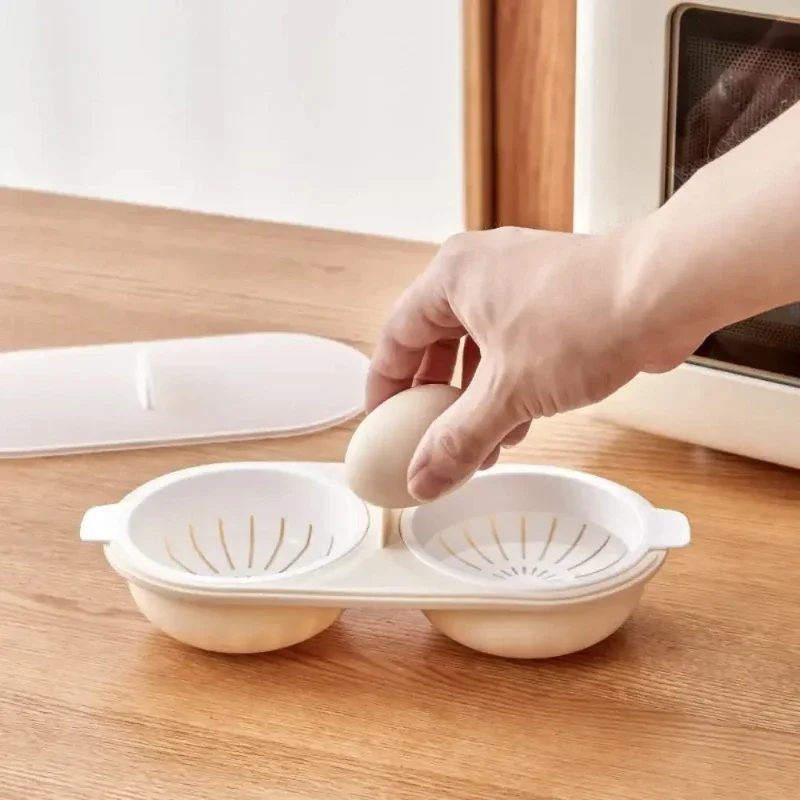 Microwave Egg Poacher Food Grade Cookware Double Cup Egg Boiler Kitchen Steamed Set Microwave Ovens Cooking Tools