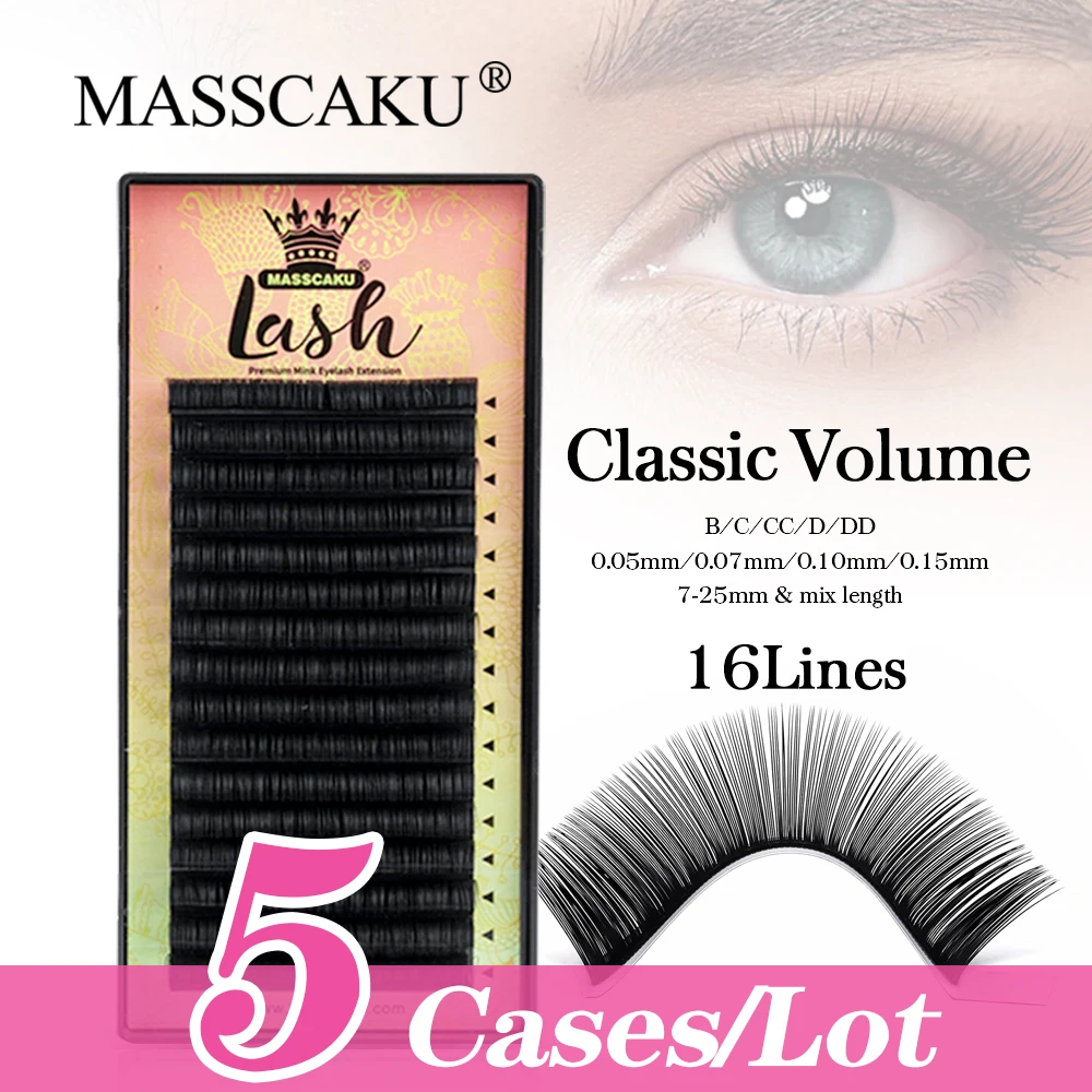 

MASSCAKU 5Cases/lot Fast Ship 16Rows 8~25mm Mix Classic Volume Eyelash Extension Premium Natural Soft Synthetic Mink Eyelashes