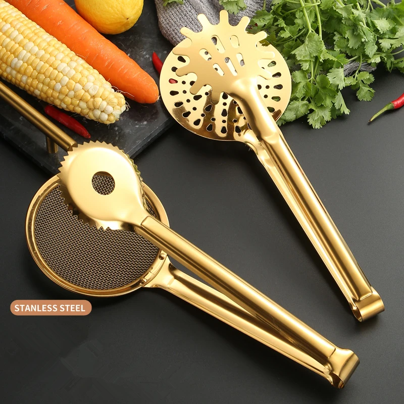 Gold Food Clip Stainless Steel Serving Tongs Oil Filter Spoon Mesh Strainer Colander for Snack Barbecue Steak Clamp Kitchen Tool