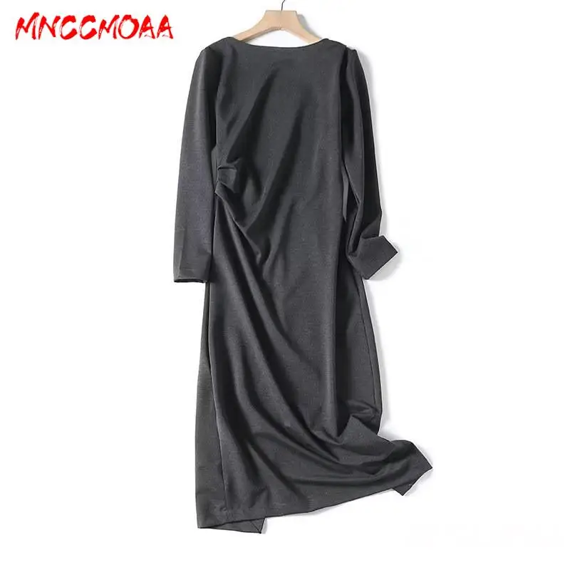 

MNCCMOAA 2023 Autumn Winter Women Fashion Round Neck Long Sleeve Elegant Dresses Female Solid Simple Casual Long Dress