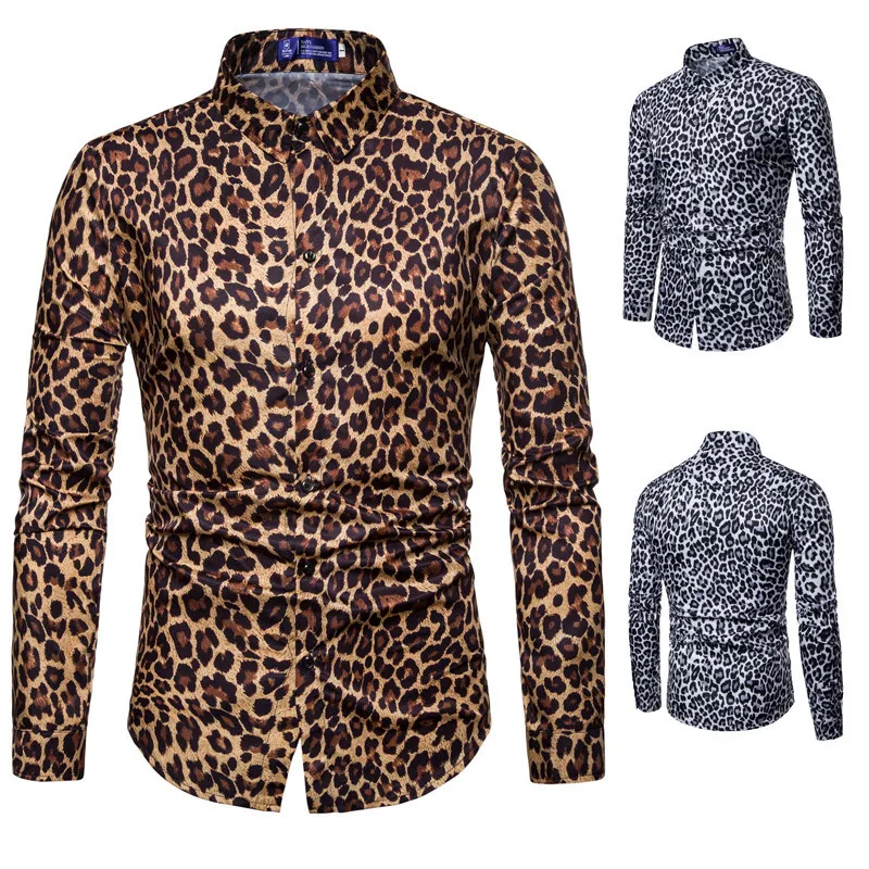 

Mens Trend Night Club Leopard Halloween Punk Button Down Shirts Party Long Sleeves Dress Shirts For Men