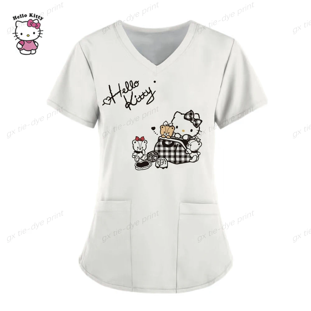 thumbnail image 1 of Uniforme de Hello Kitty para mujer, camisa de trabajo de enfermera con estampado de dibujos animados de Hello Kitty, bata con bolsillo, uniforme de enfermería para Navidad, 1 of 5