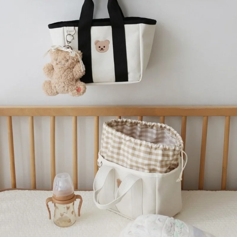 2024 New Trend Multi functional Drawstring Handbag Embroidered Bear Lightweight Canvas Bag Small Cute Bags for Women