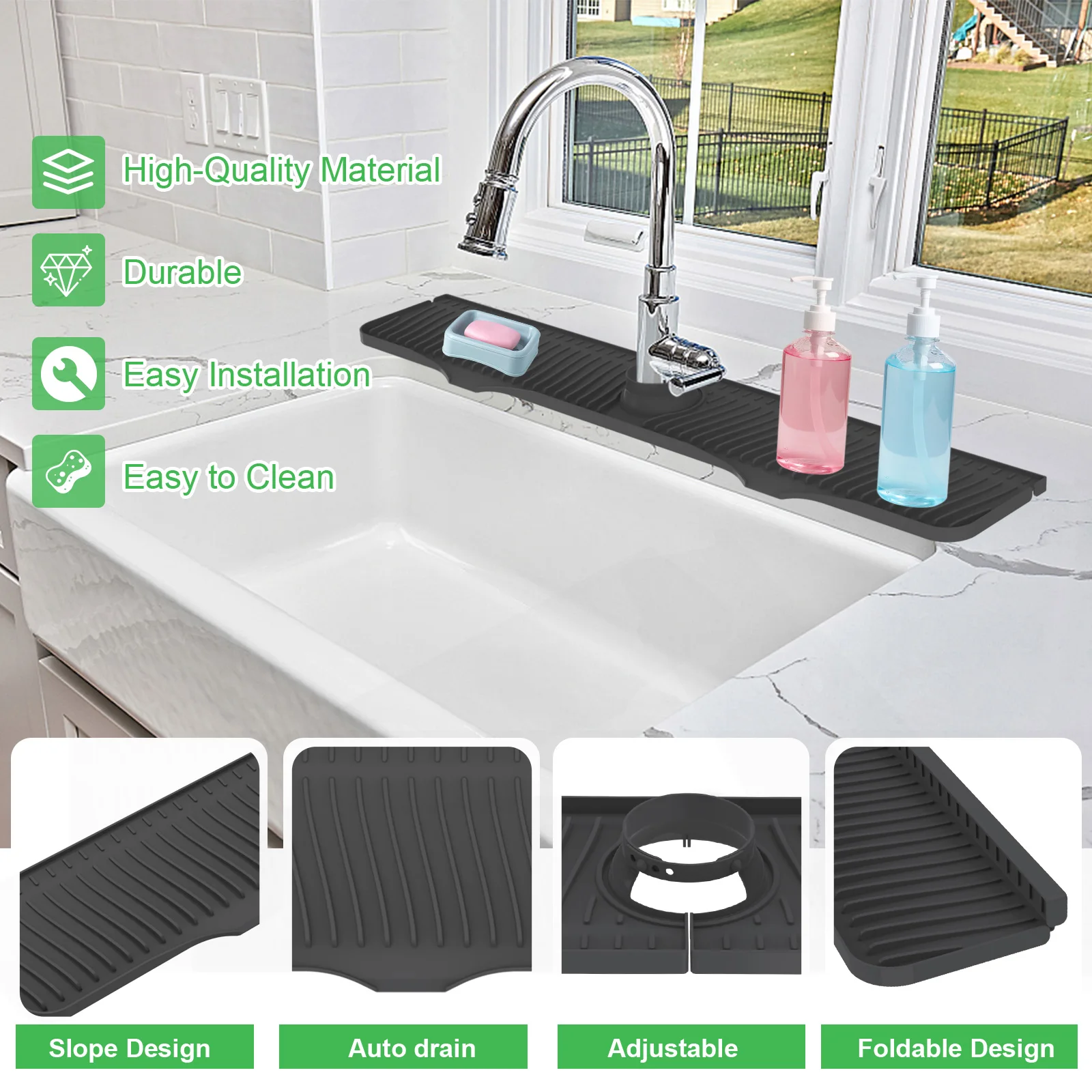 82cm Silicone Sink Faucet for Kitchen Bathroom Bar Kitchen Sink Splash Guard 32 in Super Absorbent Rubber Drying Pad Black/Grey
