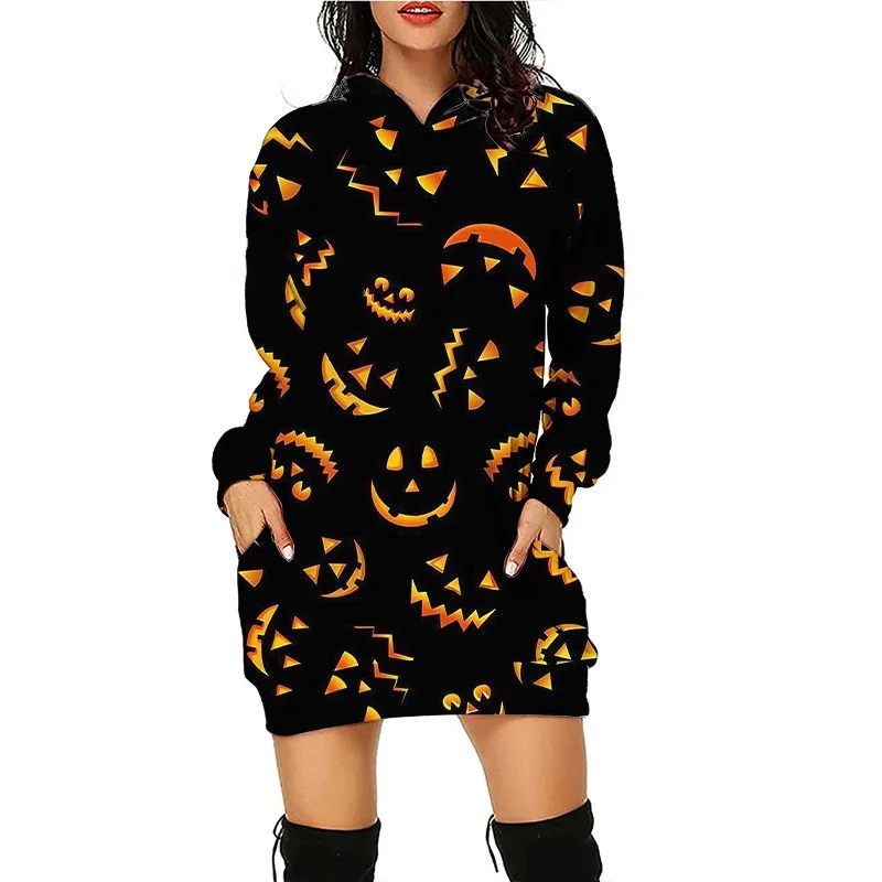 Halloween Printed Extended Loose Hoodie Sexy Slim Fit Sports Trend Autumn/Winter Sweater Cute Hooded Dress