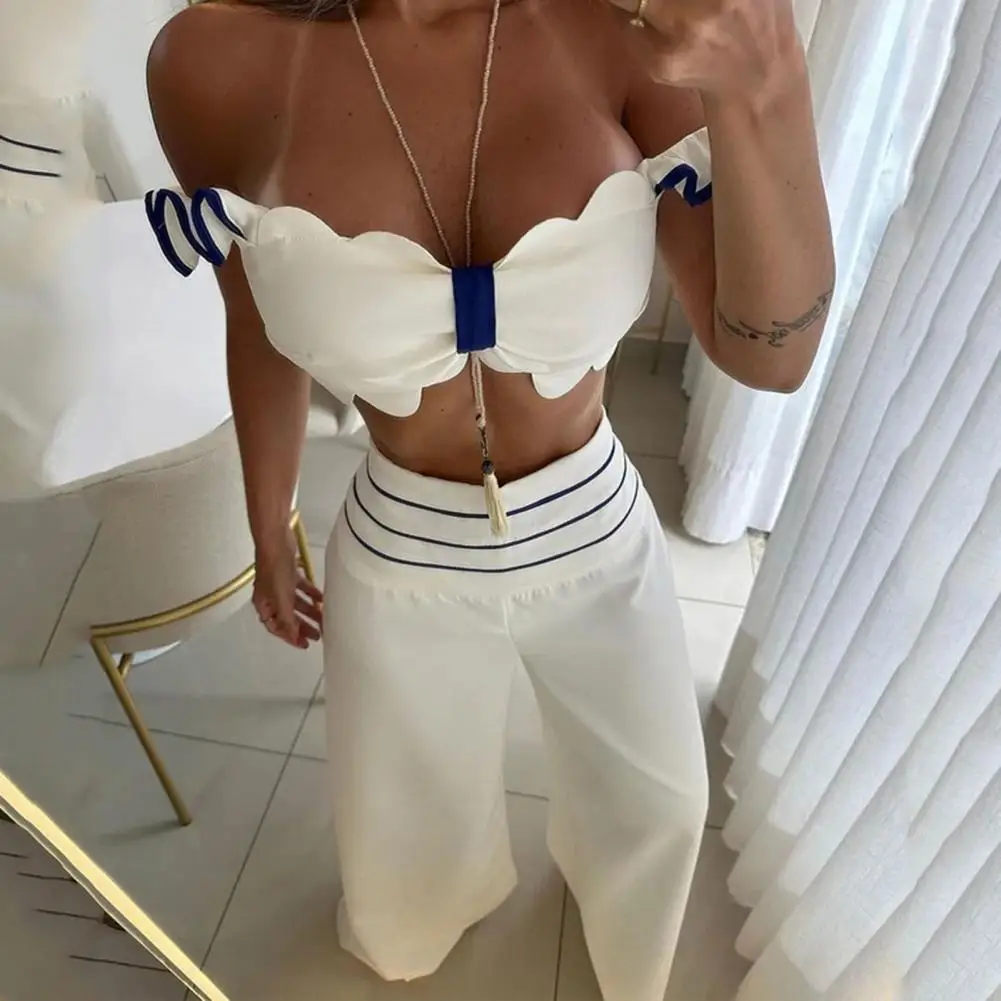 Sleeveless Crop Top Set Stylish Women's Crop Top Pants Set with Ruffle Detail High Waist Wide Leg Trousers Soft for Commuting oymimi elegant white print two piece set for women fashion v neck sleeveless button tank tops high waist straight trousers set
