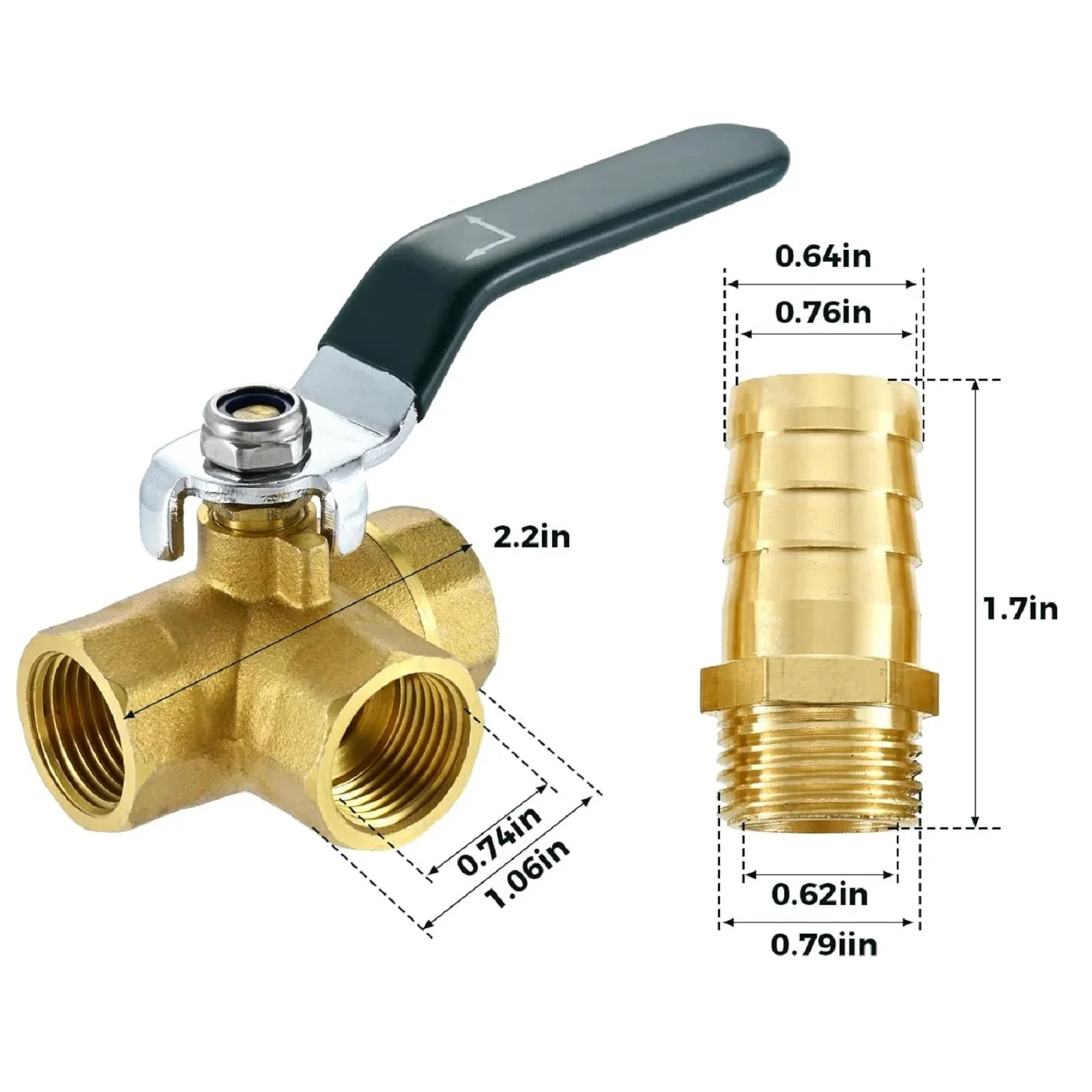 Brass 3-Way L-Port 1/2" Hose Barb Ball Valve 1/2" G Female Thread with Shut Off Lever Handle T Shaped Brass Fitting &Pipe Clamps