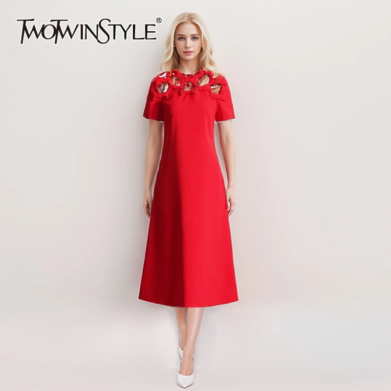 

TWOTWINSTYLE Hollow Out Patchwork Bowknot Dress For Women Round Neck Short Sleeve High Waist Temperament A Line Dresses Female