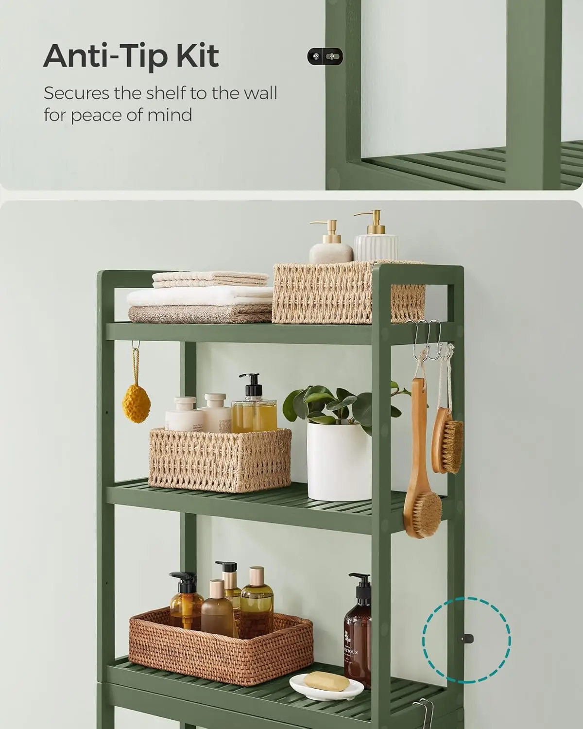 Over Toilet Storage. 3-Tier Organizer. 10.2"x24.8"x66.9". Adjustable Shelf. Space-Saving. Forest Green. UBTS001C01.
