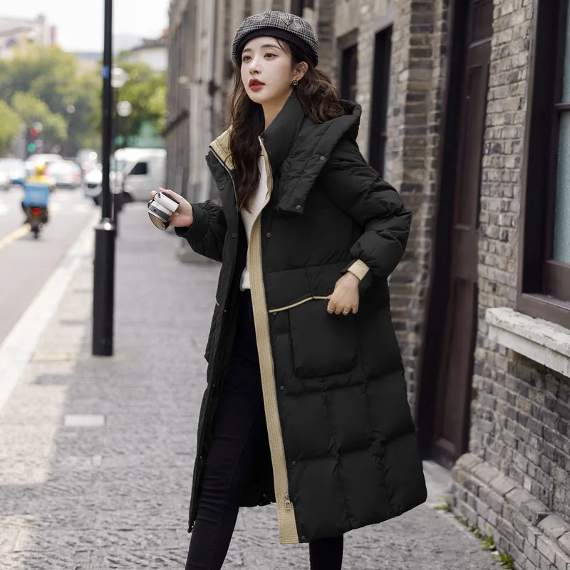 

Knee length down jacket for women's new Korean version loose and thickened warm 90 white duck down hooded jacket for winter