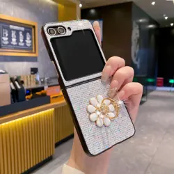 Luxury Glitter Cute Flower Pattern Bling Phone Case - Shiny Colorful Shockproof Cover - Galaxy Z Flip5 (White)