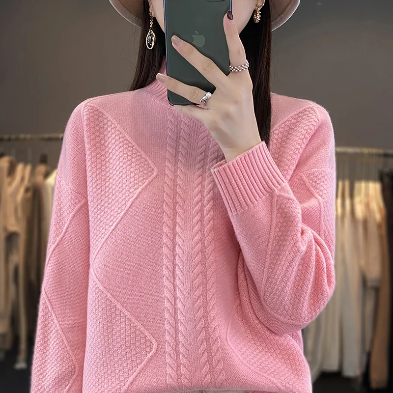 2024 Women's Cashmere New Retro High Quality Fashion Half High Collar Pullover Autumn and Winter New Solid Color Cashmere Pullov 3