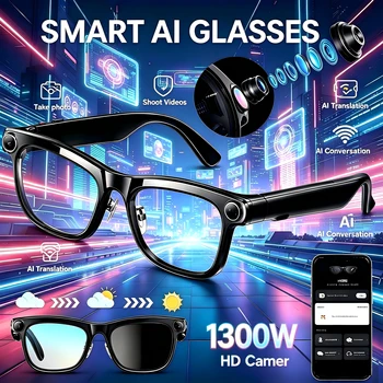 Occhiali Smart AI 2026 con Fotocamera HD 1300W, Video e Foto AI ChatGPT, Traduzione AI, Registrazione Musica, Chiamate BT, Occhiali da Sole Uomo Donna