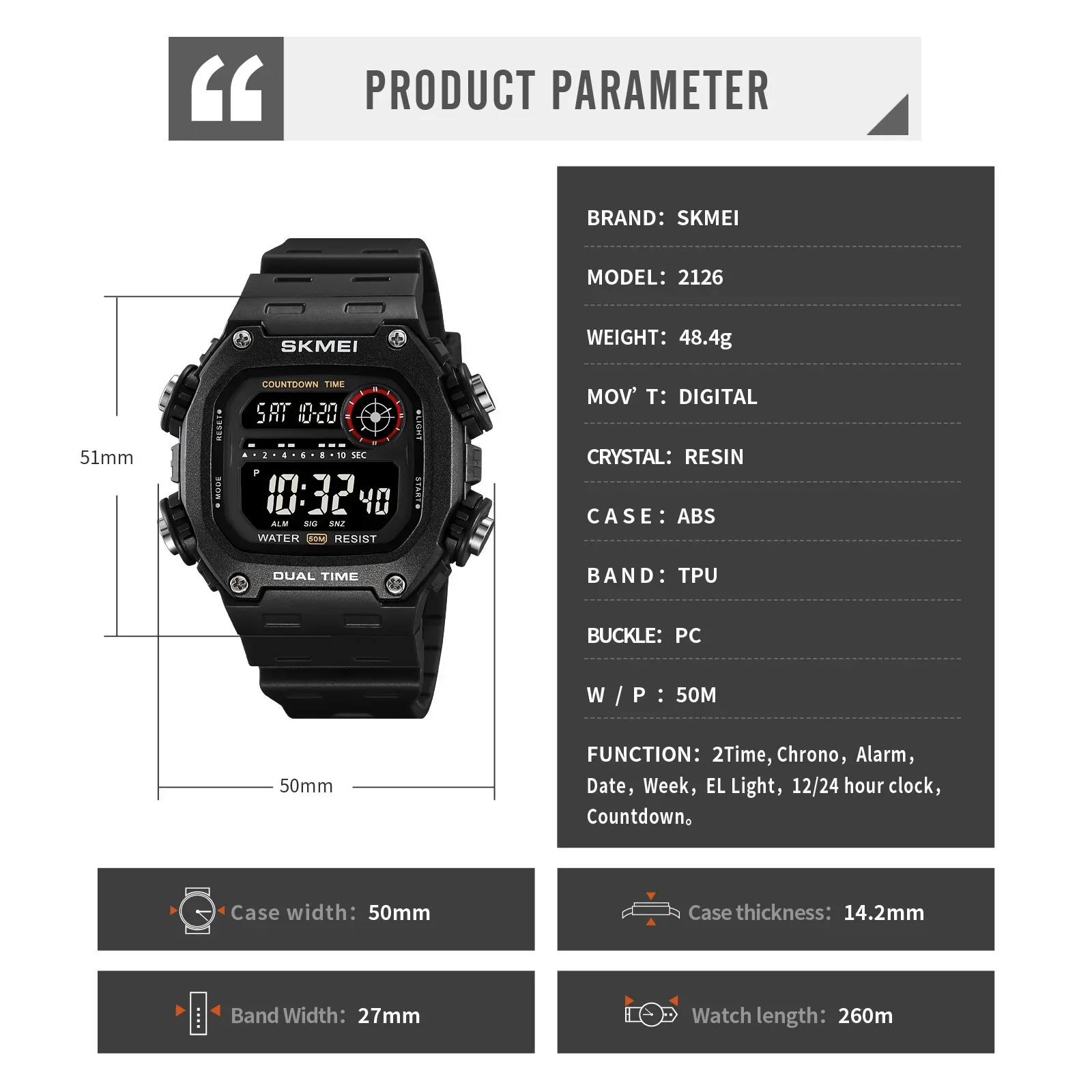 SKMEI 2126 Digital Countdown Sport Watch for Men Waterproof Stopwatch Mens Wristwatch Alarm LED Display Clock Montre Homme 1251 6