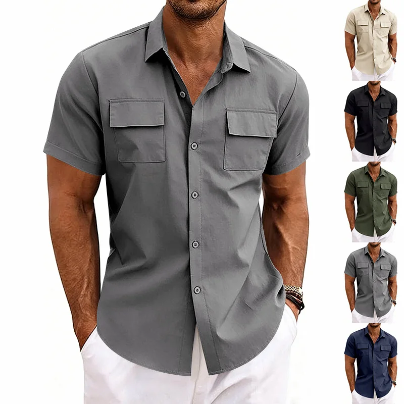 Polo a maniche corte casual da uomo, estiva, traspirante, elastica, con doppia tasca, stile workwear, alla moda, per il tempo libero urbano - immagine 3