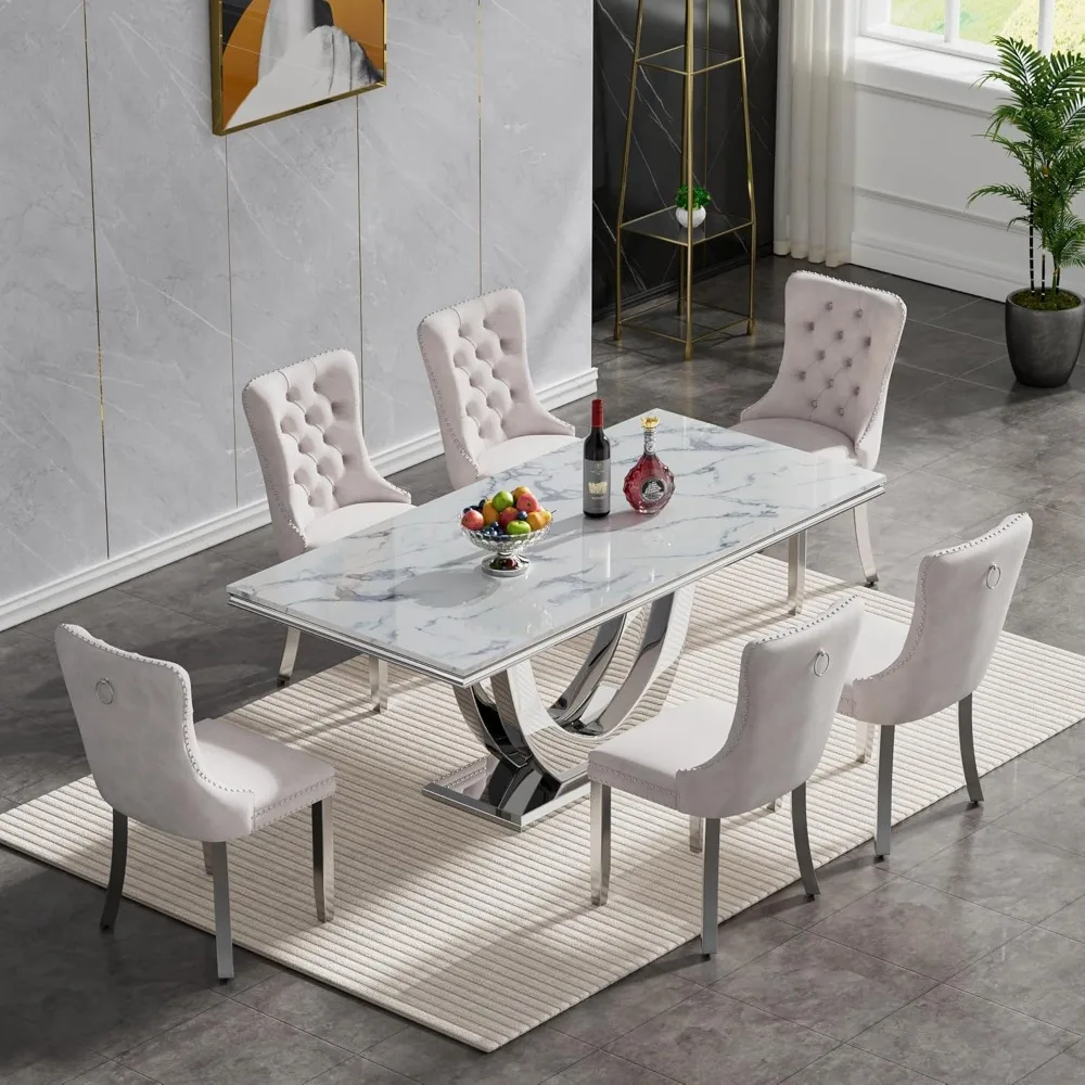 Dining Table Luxury Faux Marble Kitchen Table with Silver Mirrored Finish Stainless Steel Base,Rectangular Dining Room Table 6