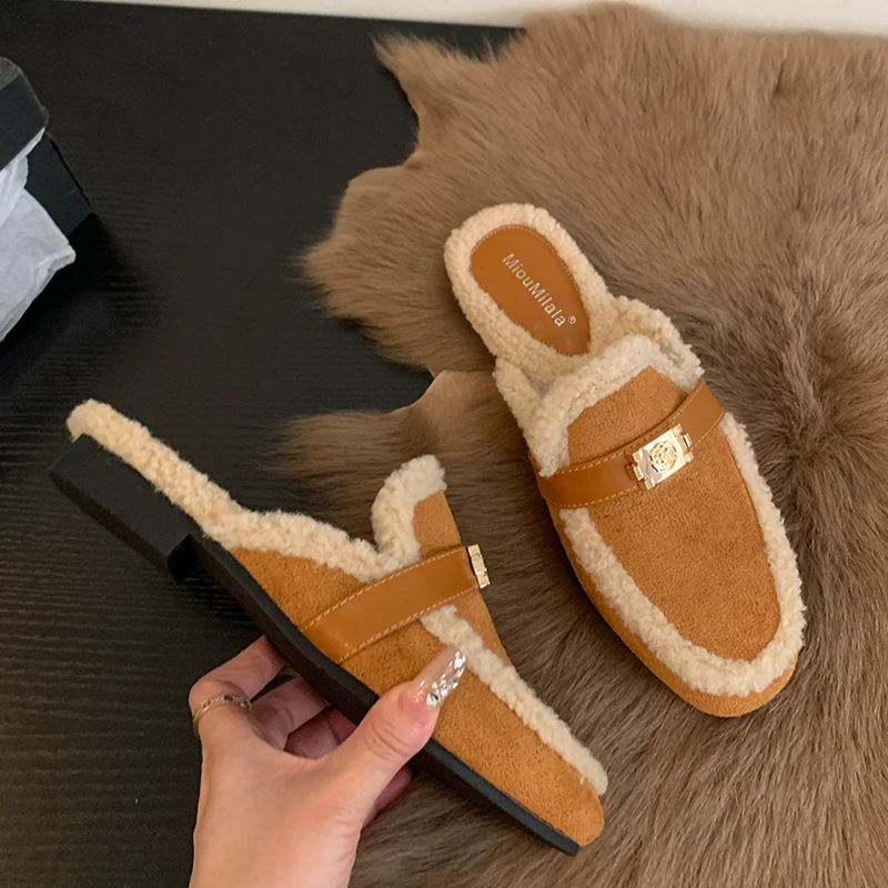 

Flats Fur Women Home Slippers Shallow Fashion Warm Winter Mules Shoes 2024 New Designer Walking Comfortable Casual Female Botas