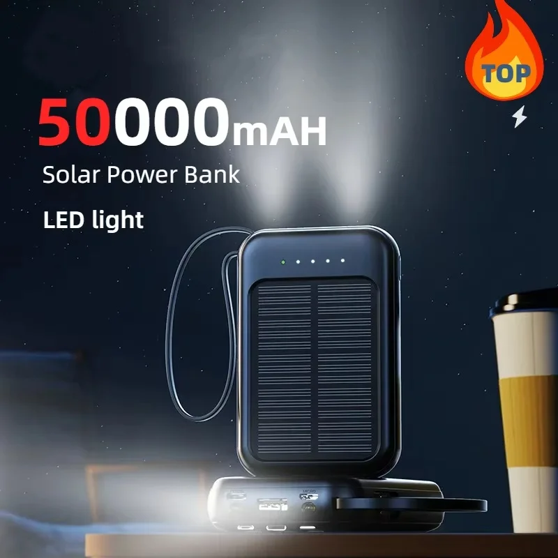 50000mAh High Capacity Solar Power Bank Built Cables Solar Charger 2 USB Ports External Charger Powerbank LED Light For Camping 2