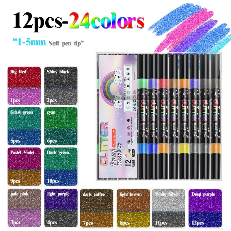 Double Headed Flash Pen Set Soft Tip Ink Writing Painting