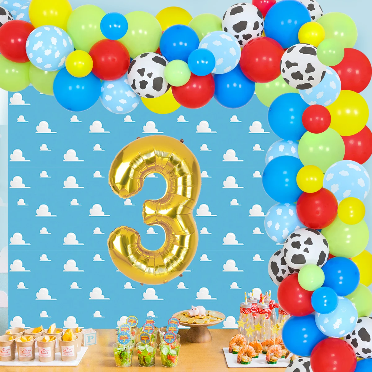

JOYMEMO Cartoon Cloud Cow Balloon Garland 3rd Birthday Decorations Cloud Background for Children's 3 Years Old Birthday Party