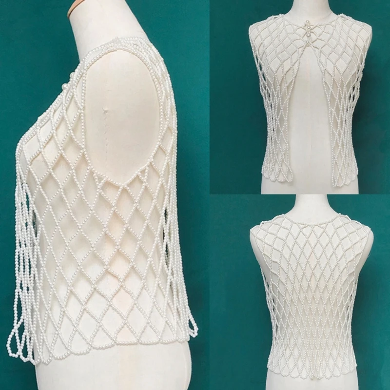 

Women Crochet Hollow Out Mesh Vest Handmade Imitation Pearl Beaded Open Front Waistcoat Button Closure Decorative for Coat F0T5