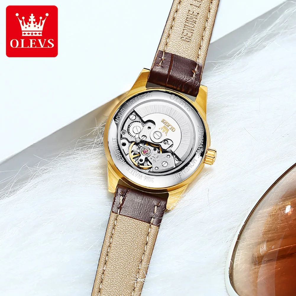 OLEVS Mechanical Watch for Women Fashion Leather Strap Waterproof Calendar Automatic Womens Watches Top Brand Luxury Wristwatch