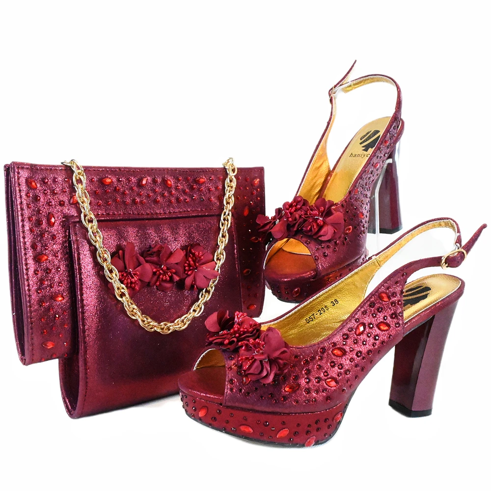

Haniye Wine Square Bag With Flowers Accessories Women's Hand Bag Matching High Heels African Wedding Party Shoe And Bags Set