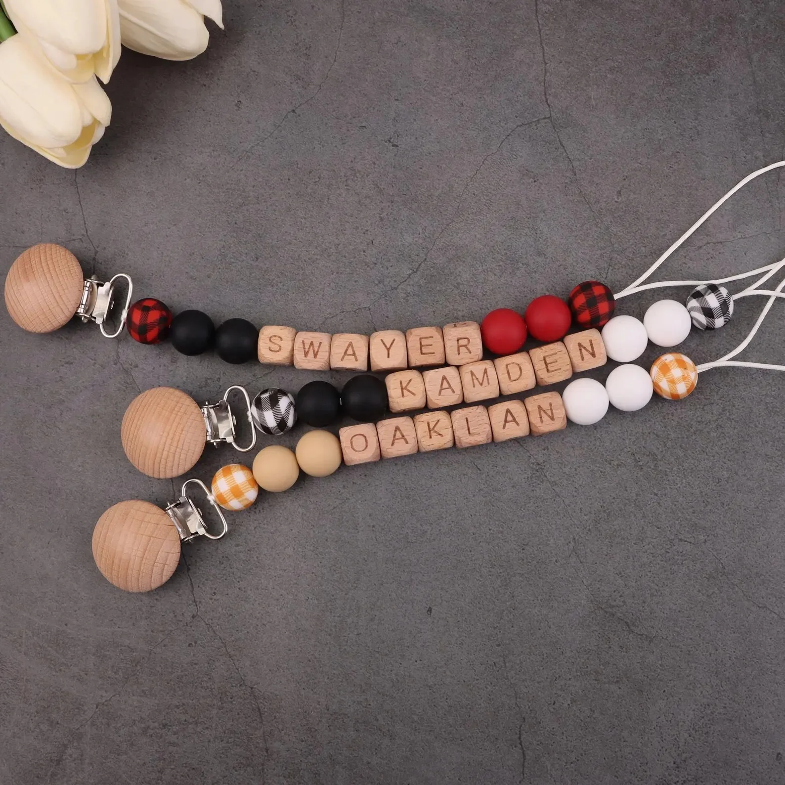 Custom Name Baby Pacifier Leash - Wooden Beads & Colorful Accents, Unique Soother Chain, Baby Essentials