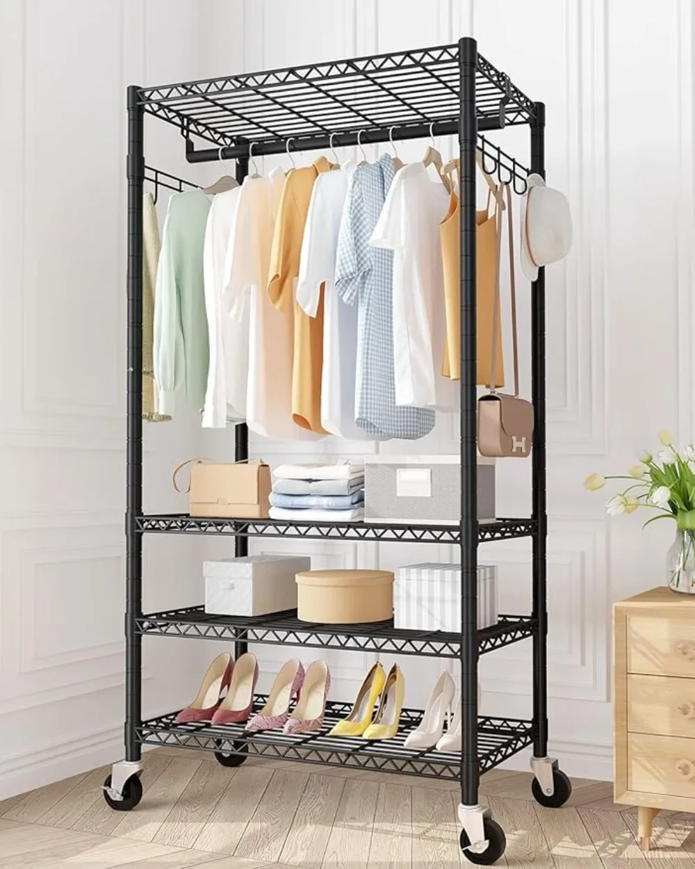 

Heavy Duty Rolling Wire Garment Rack Clothes Rack with Wheels and Hooks, Portable Freestanding Closet Rack for Hanging Clothes