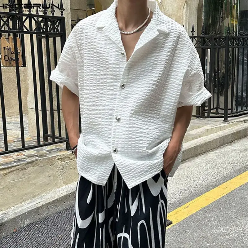 

INCERUN Tops 2023 Korean Style Handsome New Men Pleated Bubble Texture Shirts Casual Streetwear Solid Short sleeved Blouse S-5XL
