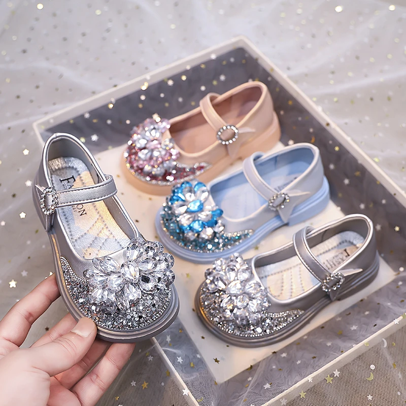 Leather Kids Party Shoes with Rhinestones for Girls