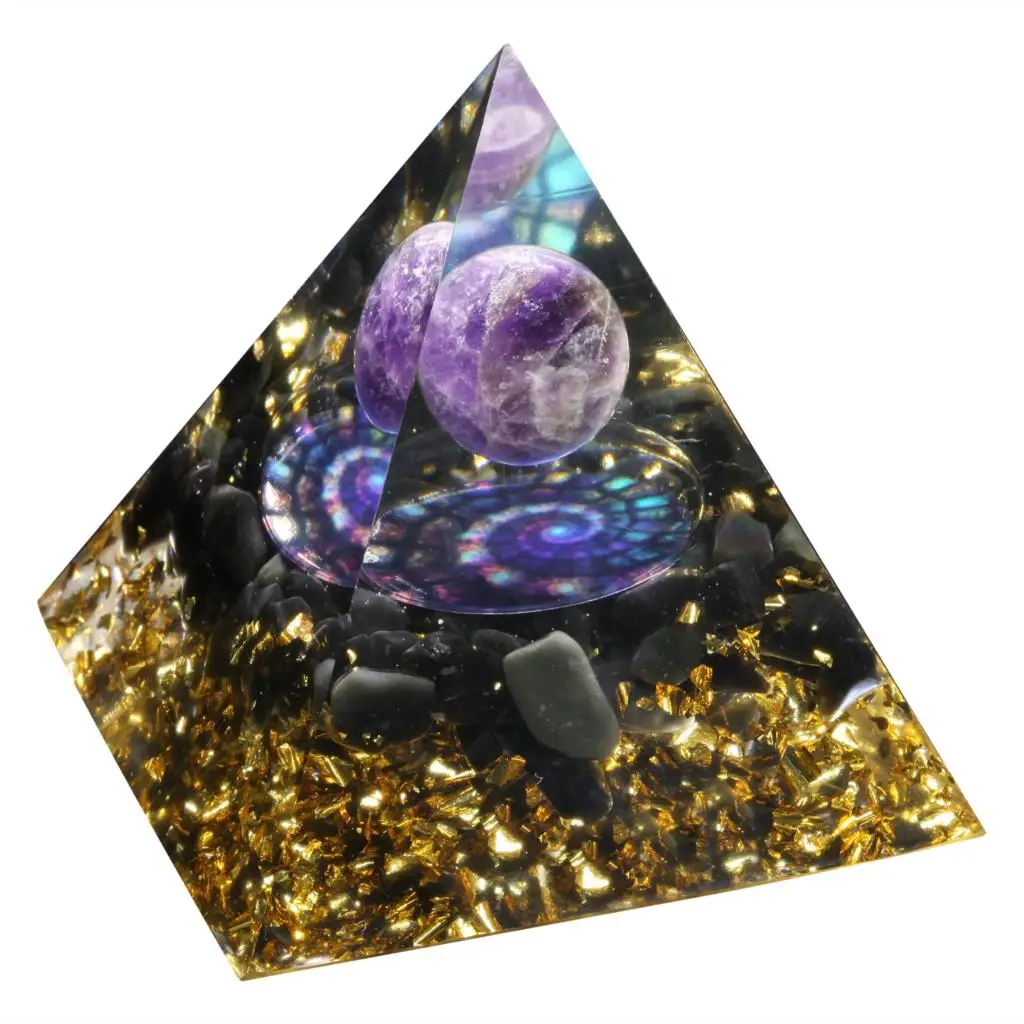 Natural Crystal Sphere Orgone Pyramid With Obsidian Tumbled Stones & Snail Symbol Orgonite Generator For Chakra Balancing