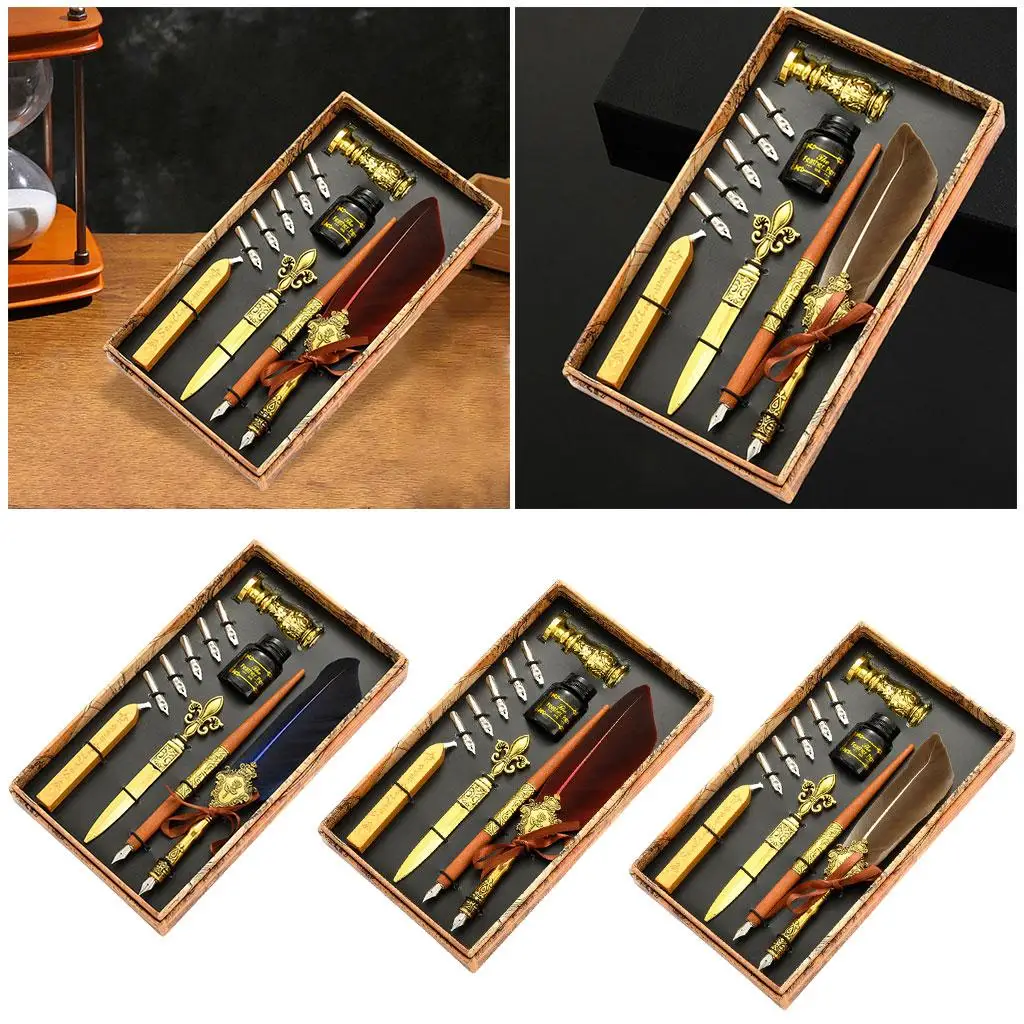 Retro Style Calligraphy Quill Pen and Ink Set, Feather Dip W/ 17 Replacement Nibs Letter Opener Metal Stamp for Students