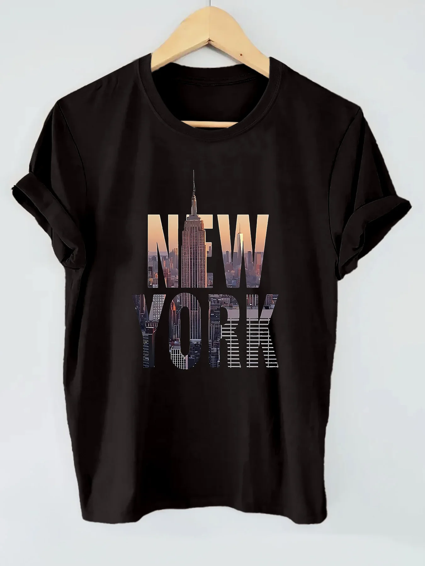 NEW YORK Print Crew Neck T-shirt, Short Sleeve Casual Top
