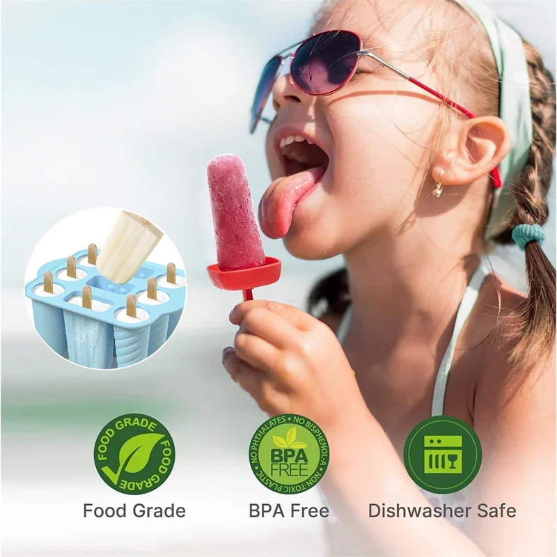 Description Picture 3 of item9 Cavity Silicone Popsicle Molds Easy-Release Ice Cream Mold With Wooden Sticks Ice Pop Molds Homemade For home Ice Maker