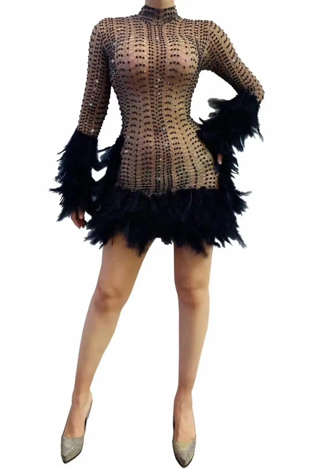 

Sexy Birthday Celebrate Prom Mesh Outfit Women Dancer Singer Bar Dress Black Rhinestone Feather Transparent Short Dress