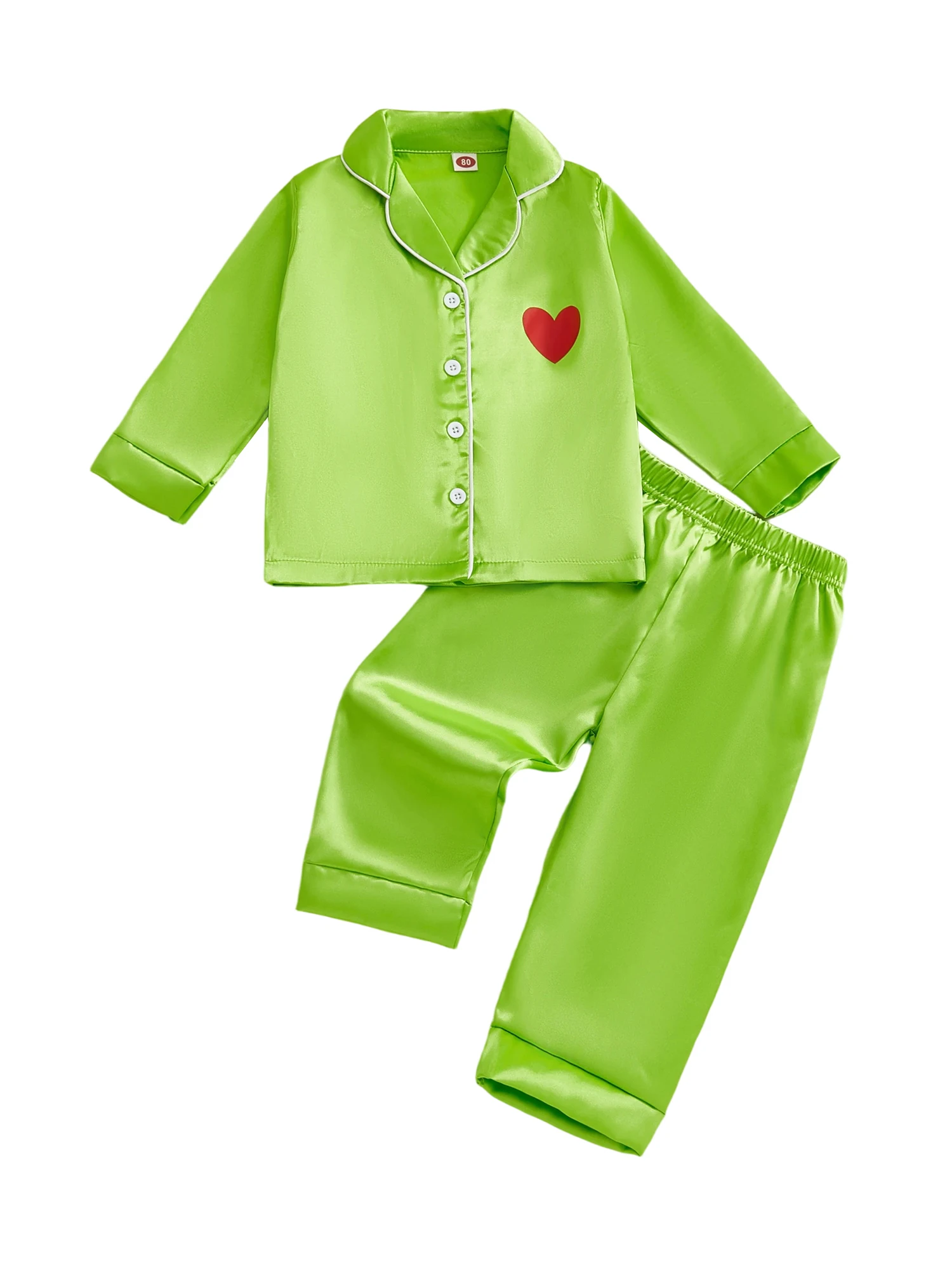 Children s Christmas Satin Pajama Set with Heart Print Long Sleeve Lapel Button Down Top and Pants Sleepwear for a Festive