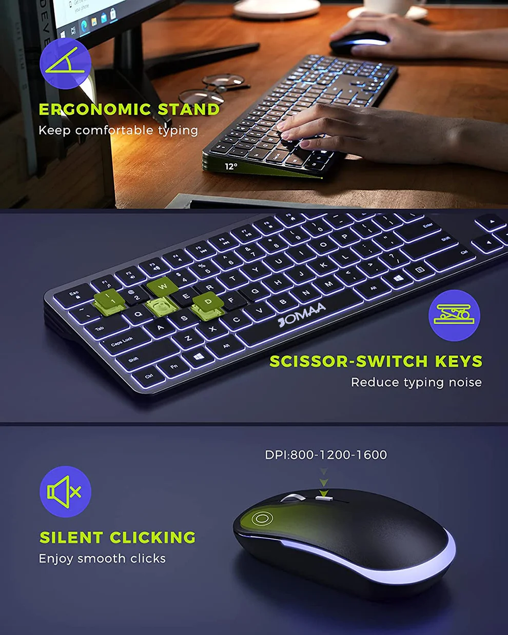 Wireless Rechargeable Ultra Slim Keyboard and Mouse Combo - Illuminated 24G USB Set