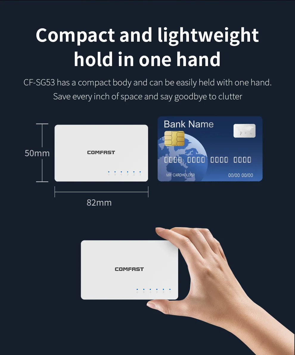 COMFAST 휴대용 플러그 앤 플레이 스위치, 5 포트 기가비트 이더넷 스위치, 2K 자동 MDI/MDIX, 1000Mbps 고속 변속기, IEEE 802.3x