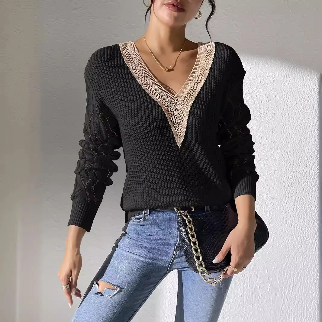 Women V Neck Long Sleeve Lace Knitted Pullover Sweater