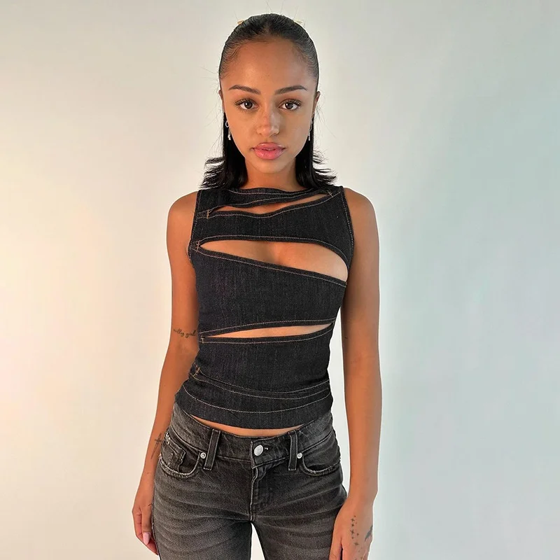 Hot Girl Hollow out Imitation Denim Vest Top Women's Faion Summer 2024  Color Regular Fit Svel Tank Top