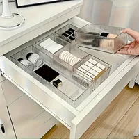 Stackable and adjustable multi drawer storage box set, perfect for storing cosmetics, office supplies, and desktop essentials. I 3