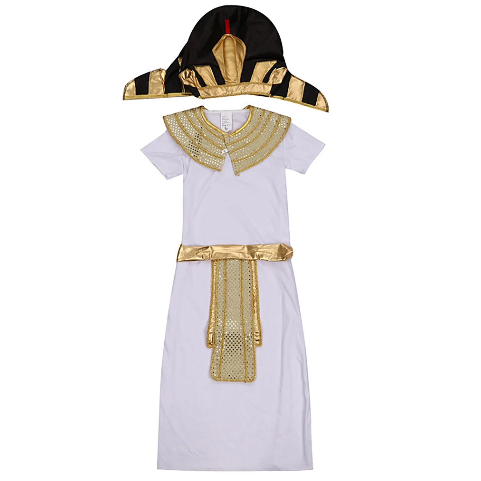 

Halloween Gold Kids Boys Acient Egyptian Pharaoh King Costume Robe with Fake Collar Waistband And Headwear Set Cosplay Carnival