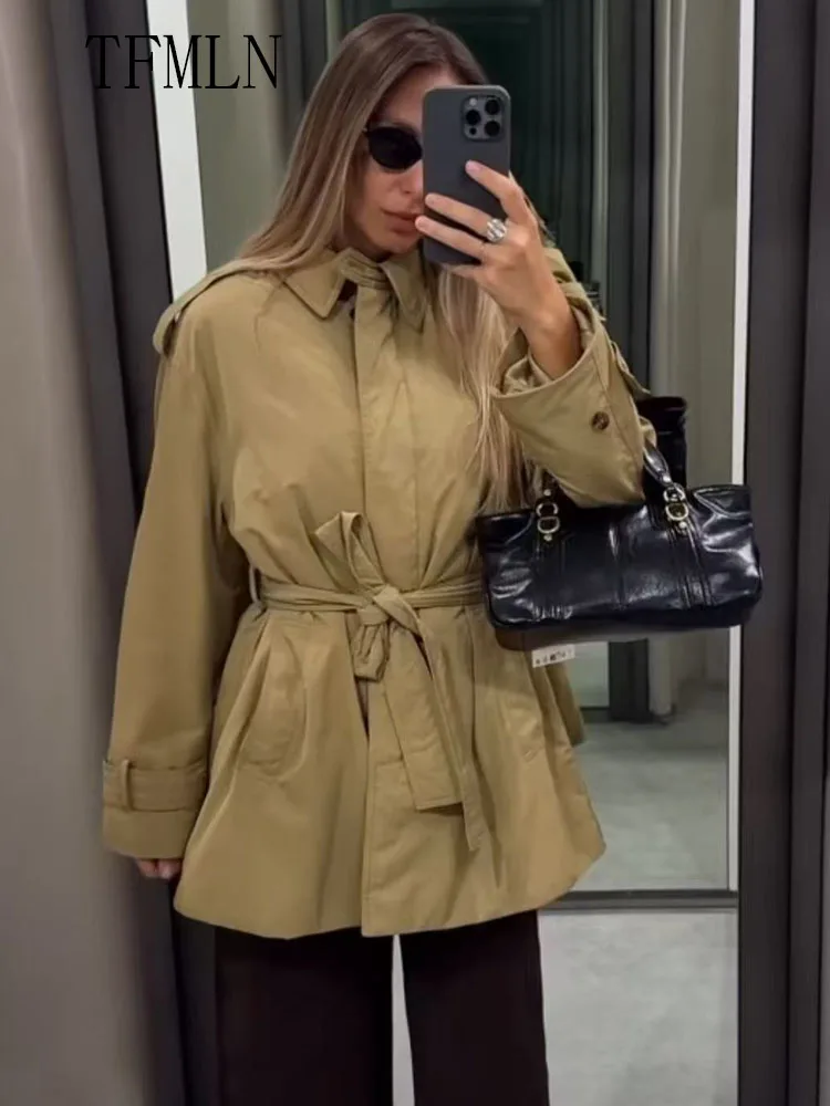 2025 Autumn Women Causal Jackets With Belt Fashion Turn Down Collar Single Breasted Loose Coats Vintage Solid Chic Streetwear