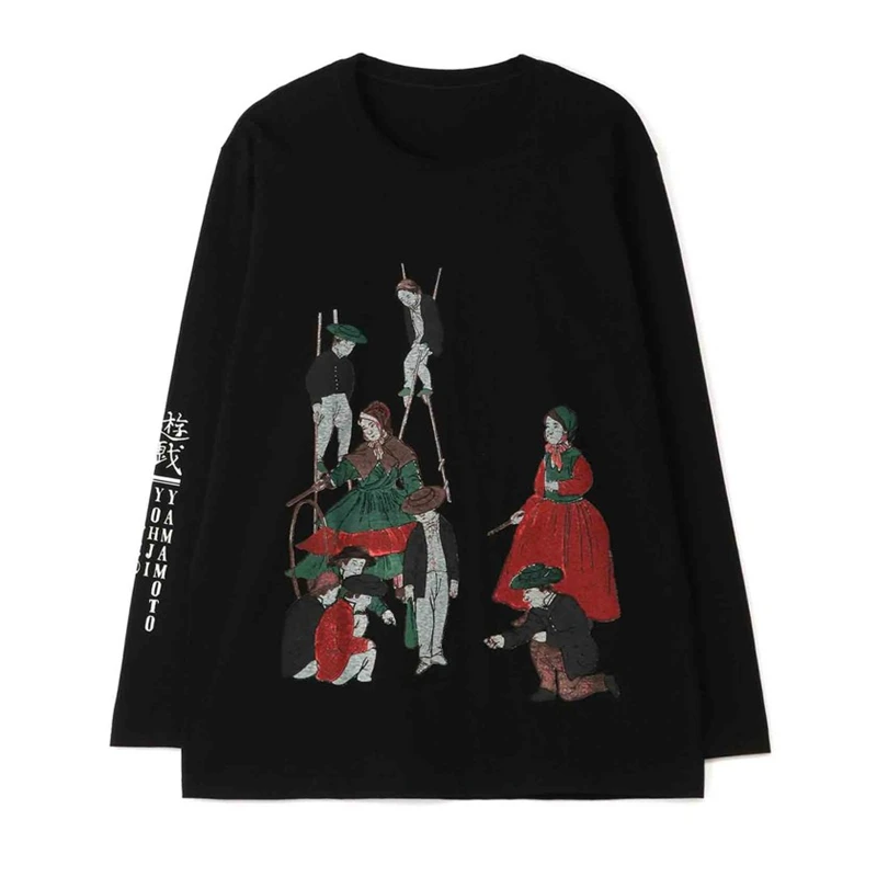 Yohji Yamamoto 22SS Spring And Autumn Fashion Character Printing Leisure  Men And Women Round Neck Long-sleeved T-shirt
