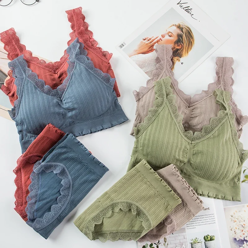 

Sexy Lace Women Bralette Underwear Set Seamless Wire Free Beauty Back Bra Sets Ruffled Lace Bra and Panty Sets Women Intimates