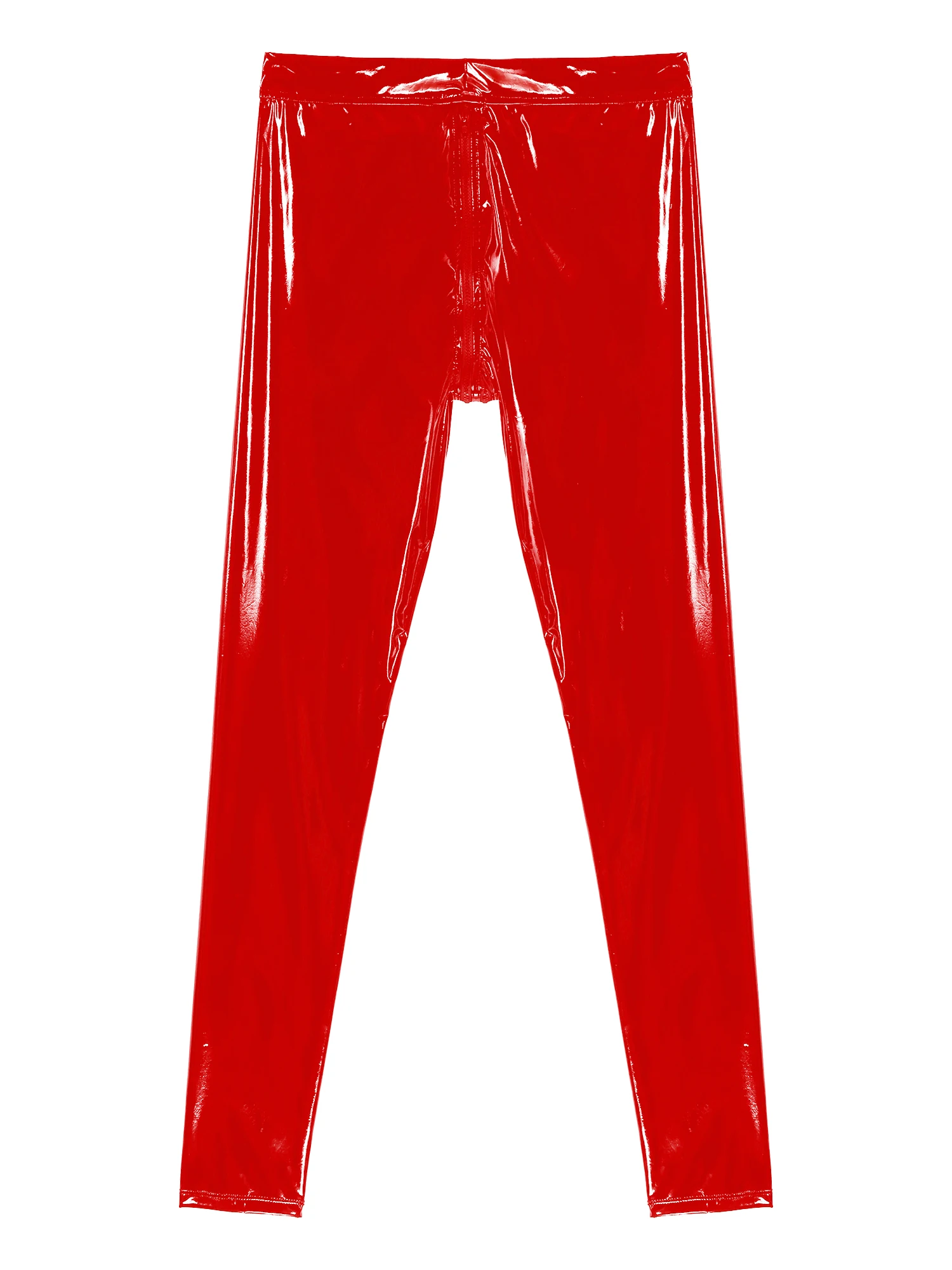 Mens Glossy Patent Leather Pants Soild Color Two-way Zipper